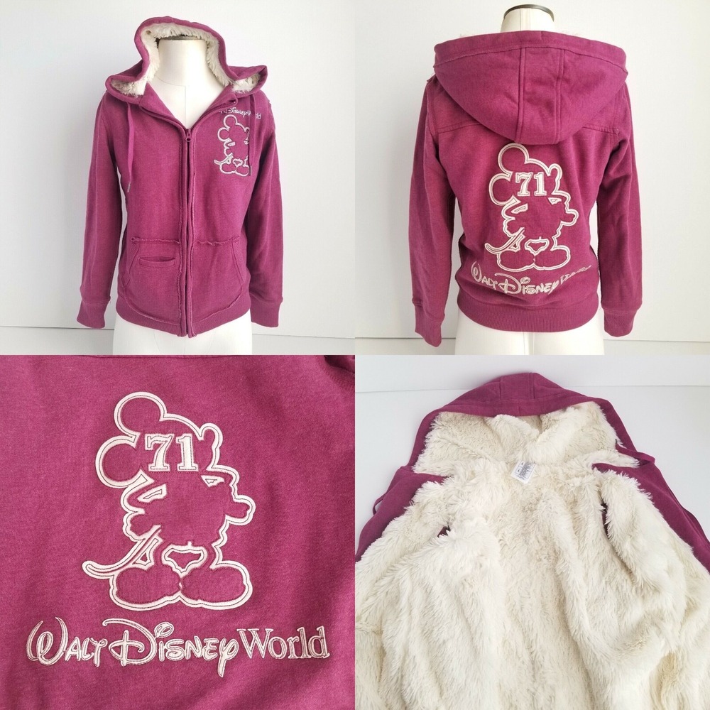 Disney Parks World Mickey Mouse Faux Fur Hoodie Sweater Womens S Purple Stitched